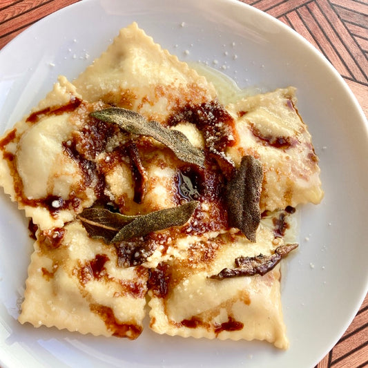 12/14 - Braised Short Rib Ravioli with Umami Butter, Fried Sage, Parm, and Balsamic Drizzle