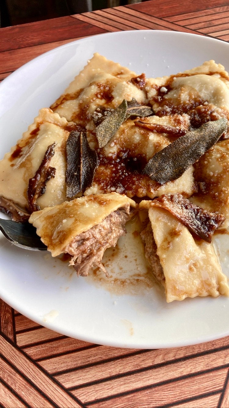 12/14 - Braised Short Rib Ravioli with Umami Butter, Fried Sage, Parm, and Balsamic Drizzle